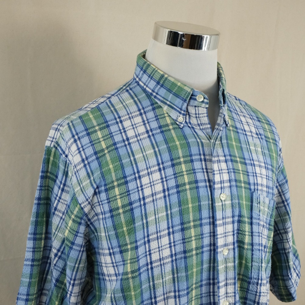Lands End XL USA Made Seersucker Button Down Shirt Blue Green Plaid Cotton Mens